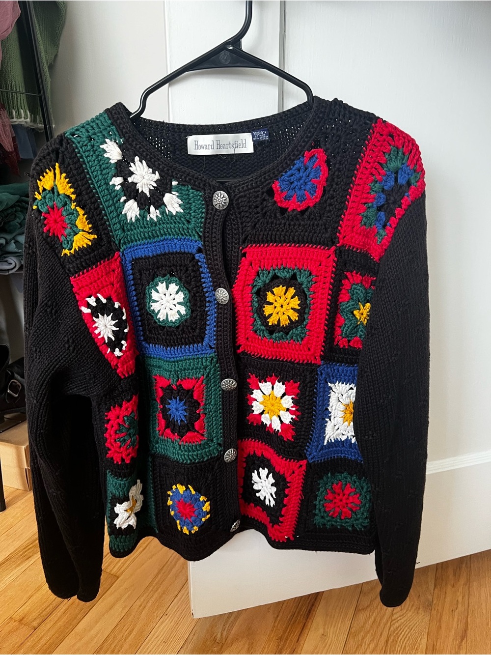 Vintage Hand Knit Crochet Patchwork Cardigan Sweater - Multicolor
